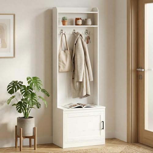 HOMCOM Narrow Hall Tree with Shoe Storage Bench, Rustic Entryway Bench with Coat Rack, Accent Coat...