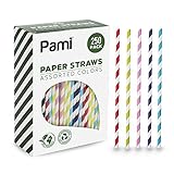 PAMI Paper Straws Assorted Colors [250- Pack] - 100% Biodegradable & Compostable Straws, PFAS-Free, For Drinking- Disposable Striped Paper Straws For Coffee Juice Cocktail- Fun Colored Party Straws
