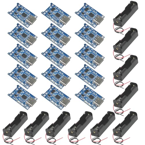 GTIWUNG GTIWING 10 stycken 3,7 V 18650 batterihållare med trådkablar, en plats + 15 stycken typ C USB 5 V 1 A 18650 litiumbatteriladdare modul laddningsbräda med dubbla skyddsfunktioner