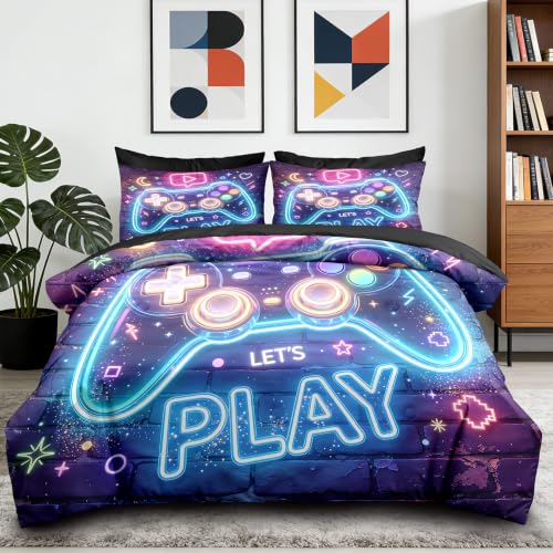 Image of NINENINE Gaming Controller Comforter Sets, Purple Brick Galaxy Gamer Bedding 5PCS King Size Comforter Sets for Teen Boys (1Comforter, 1Flat Sheet, 1Fitted Sheet, 2Pillowcases)
