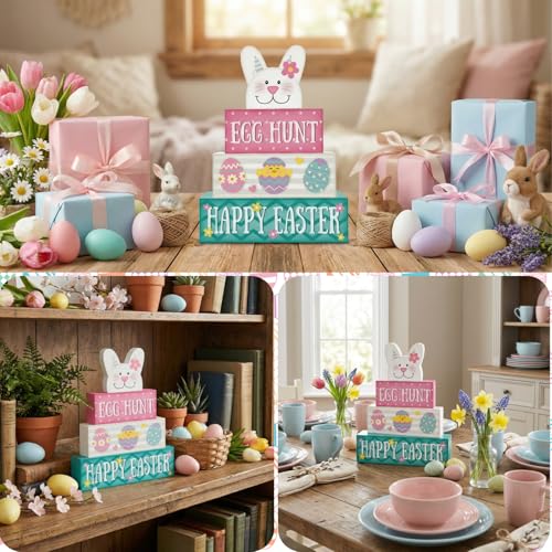Golibra Easter Decorations, 4 Pcs Wooden Easter Table Decorations, Cute Bunny Tiered Tray Decor, Wooden Table Sign for Desk Shelf Mantel Coffee Bar, Indoor Home Decor — view 6