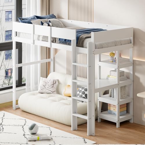 Zubaliya - Cama altillo (90 x 200 cm, con almacenamiento, marco de cama de pino macizo, con somier de láminas, apto para niños y adolescentes, color blanco
