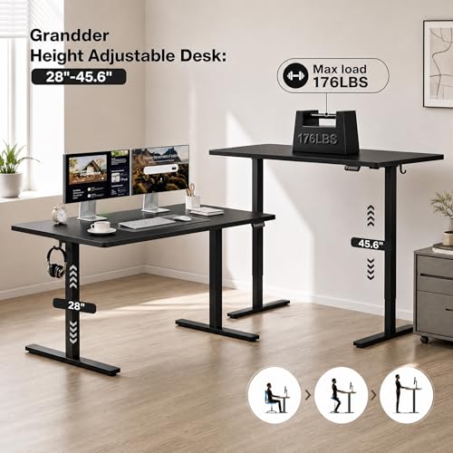 Image of Grandder 55x32 Large Electric Standing Desk, Height Adjustable Computer Desk with 2 Memory Presets, 31.5 inch Deep Desktop Sit Stand Desk Home Office Desk Workstation Table with Hooks, Black