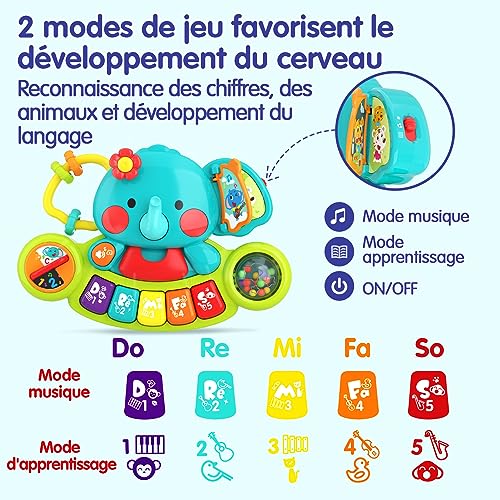HOLA Jouet Bebe 6 Mois Piano Enfant éléphant, Jouets Musicaux Bébé pour 6 9 12 Mois Naissance Fille Garçons, Jeux Bebe Multifonction Cadeau Fille Garçons pour Enfant 1 an – Image 4