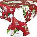 Newbridge Red Swirling Snowman Christmas Vinyl Tablecloth with Flannel Backing, Candy Cane and...