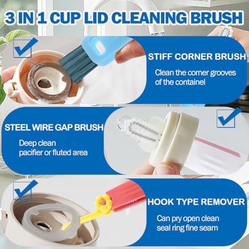 Image of 3 in 1 Cup Lid Cleaning Brush, 8PCS Multifunctional Crevice Cleaning Brush for Tumbler Water Bottle Lid, Deep Clean Tool for Home Kitchen, Red, Blue, White, Orange
