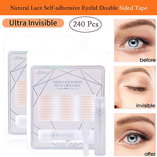 Breathable Lace Mesh Eyelid Tape Sticky,Double Eyelid Tape Paste Stickers,Glue-Free Self Adhesive Double Lasting Eyelid Sticker Without Surgery,Paste with Water Spray (2 Pack 240 PCS Total, Slim)