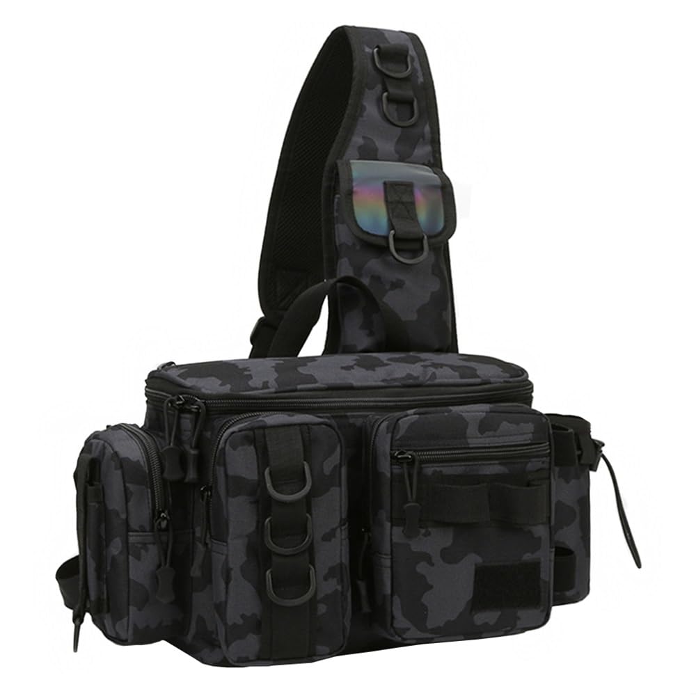 Fishing Sling Bag - Rod Reel Carrier Chest Shoulder Backpack with Large Capacity, Tackle Tool Carry Case for Lure Bait Fishing Gear, Green Camo