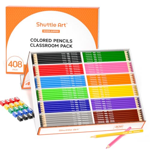 Shuttle Art Colored Pencils Bulk, 408 Pack Coloring Pencil Set Plus 20 Sharpeners, 12 Assorted Colors, Classroom Pack School Supplies