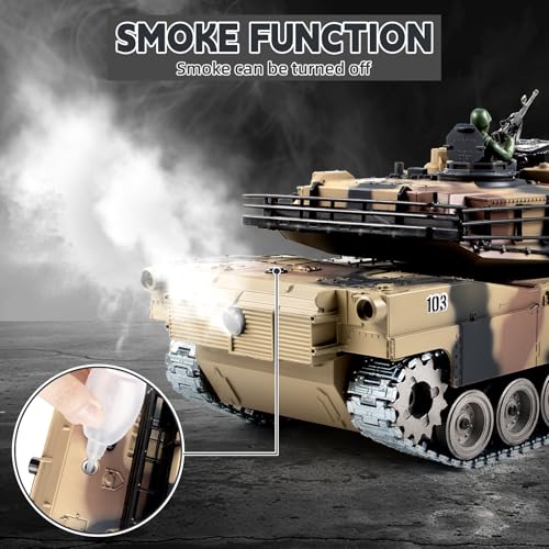 Supdex 1:18 RC Tank, 2.4G US Metal M1A2 Remote Control Tank That Shoot BBS Model Toys, Army Toy with Smoke, Lights, Sound and Recoil,Military RC Vehicle for Adults and Kids 6+ Year Old