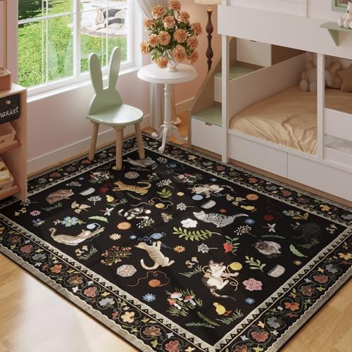 Area Rug 4x6 Rug Washable Boho Rugs Non Slip Low Pile Floral Animal Cat Small Carpet for Bedroom Bedside Kids Room Office Dining Room, Black