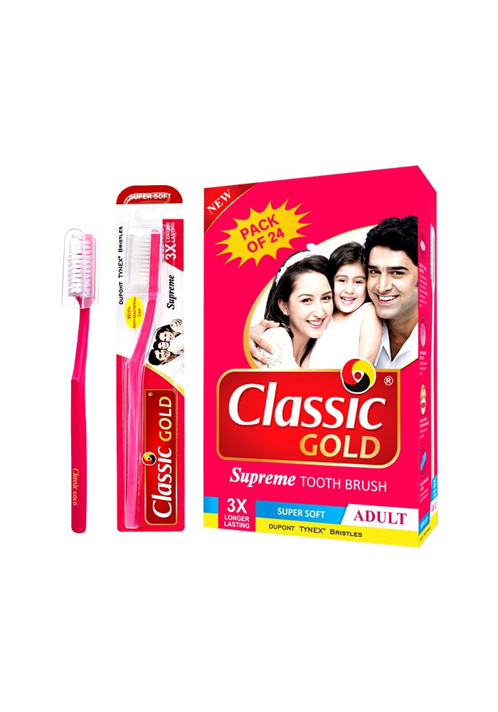 Classic Gold Supreme Super Soft Manual Toothbrush For Adults Pack Of 24 With Anti Bacterial Cap And Also Dupont Tynex Bristles (B09H331JJZ) Amazon Price History, Amazon Price Tracker