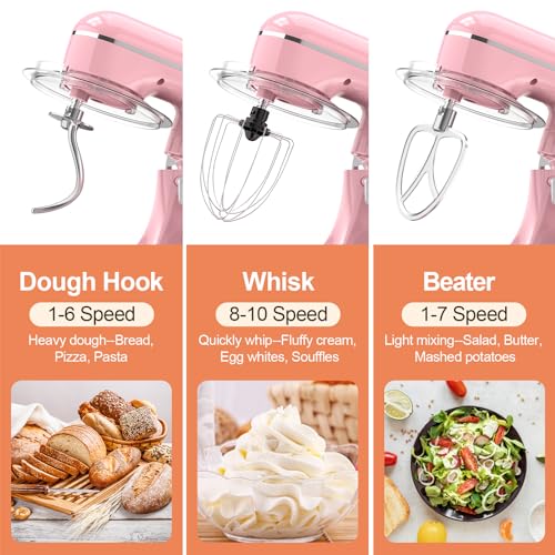 Image of CEBORY 3-IN-1 Electric Stand Mixer, 6.5QT Bowl 660W 10-Speed Kitchen Mixer, Household Food Mixers include Dough Hook, Beater and Whisk, Bread Cake Mixer for Baking and Most Home Cooks, Pink