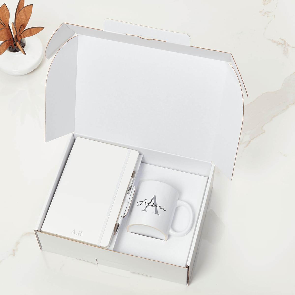 3P DIRECT Personalised Corporate Gift Set Box - Custom Notebook, Pen & Initial Mug Gift Set Graduate Gifts Gifting for Employees Business - Corporate Christmas Xmas Presents for Staff (White)