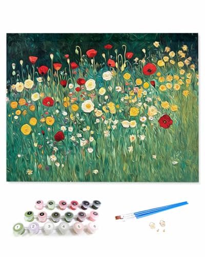 VamJump 数字油絵 手塗り 風景 フィールド 自然 オレンジの花 アウトドア 緑テーマ DIY絵 初心者 時間をつぶす 壁飾り アートクラフト 絵画手芸キッ 絵の具をつける 塗りつぶし掛け 40x40cm