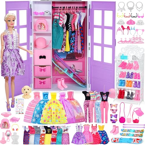 Muñeca Armario Ropa y Accesorios - 135pcs con muñecas Almacenamiento Organizador Armario Conjunto, Princesa Moda Paquete Juego Incluyendo Vestidos de Novia / Vestidos / Zapatos / Outfit