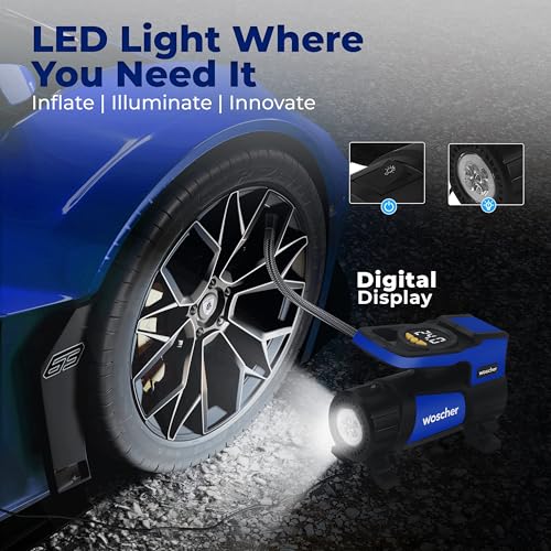 Image of Woscher BoltAir Digital Tyre Inflator for Car and Bike | 12V DC Fast Inflation 150 psi | Strong Metal Body with Emergency LED Light,Heavy Duty Zipper Bag