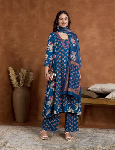 Image of Amazon Brand - Myx Women's Rayon Printed Kurta Set | Regular Fit | with Palazzo & Dupatta (Available in Plus Sizes)