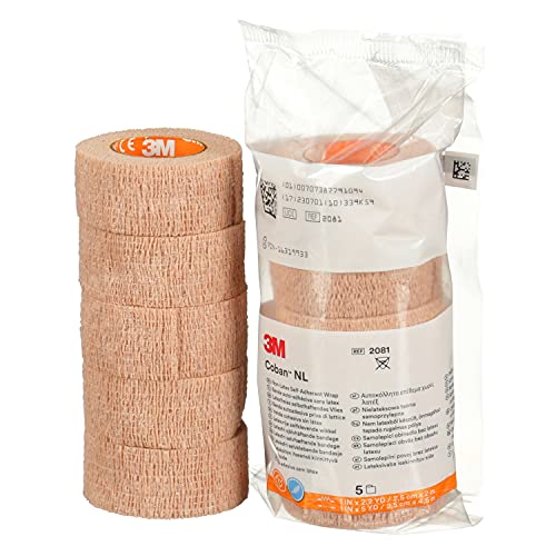 3M Coban NL Non-Latex Self-Adherent Wrap with Hand Tear, 2081, 1 in x 5 yd, 5 Rolls/Pack, 6 Packs/Case