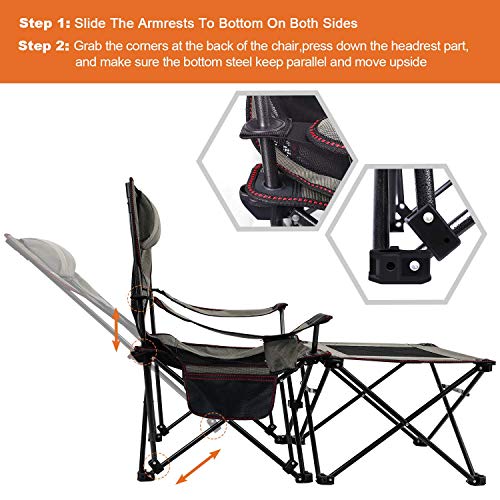 Xgear 2 In 1 Camping Chair With Footrest Recliner Folding Chaise Lounge Chair (Footrest Can Transform To Side Table) Extra Stable, For Beach, Fishing, Picnics, Hiking #TOP3