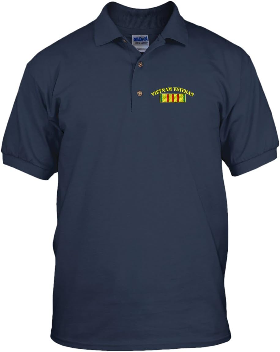 Vietnam Veteran Flag Military Embroidery Cotton Short Sleeve Polo Jersey Shirt Navy