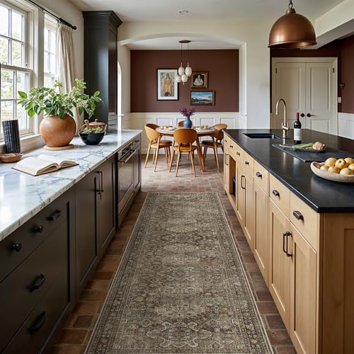 Bavni Washable Runner Rug 2’6”x8’, Non Slip Vintage Hallway Runner, Ultra Thin Low Pile Washable Carpet for Kitchen Entryway Bedroom, Brown