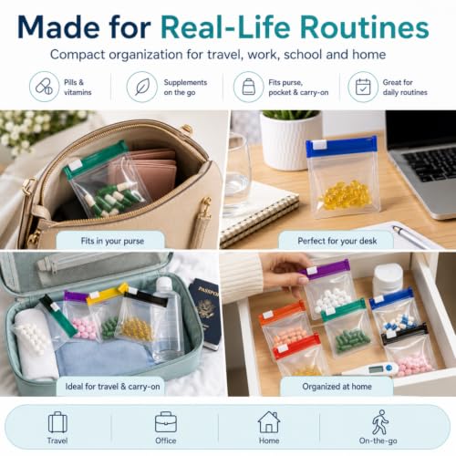 Image of Self Sealing Zipper Medicine Bags, Waterproof Pill Pouch Organizer with Slide Lock, Reusable Pill Pouches for Travel, Double-Track Airtight Sea, for Daily Use Medicine Qtips Small Items (28Pc)