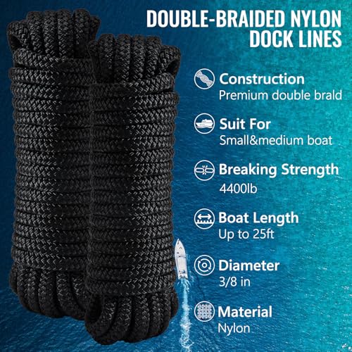Image of 2 Pack 3 /8 inch x 25' Boat Dock Lines for Boat & Pontoon, Premium Marine- Grade Double Braided Nylon Boat Lines, Pre-Spliced with a 12 inch Eyelet-Black,High Strength,Easy Handling,Boating Gifts for Men.