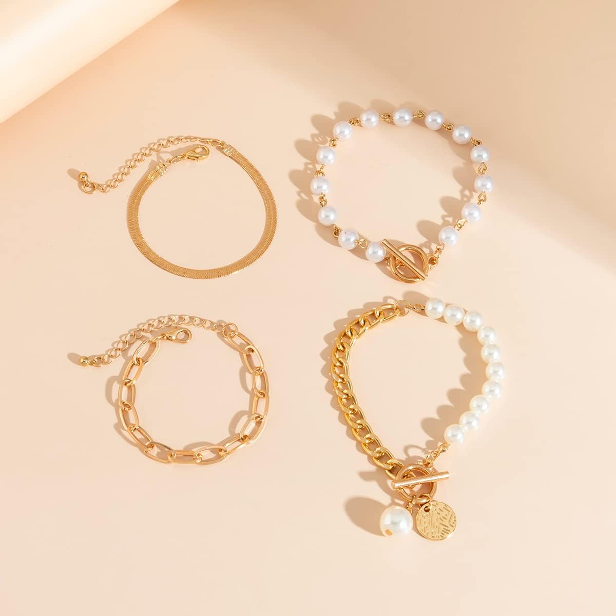 4Pcs Dainty Pearl Bracelet Set,Charming Layered OT Clasp Small Bead Chain Link Bangle Set,Aesthetic Plated Gold Jewelry Gift for Women - Image 6