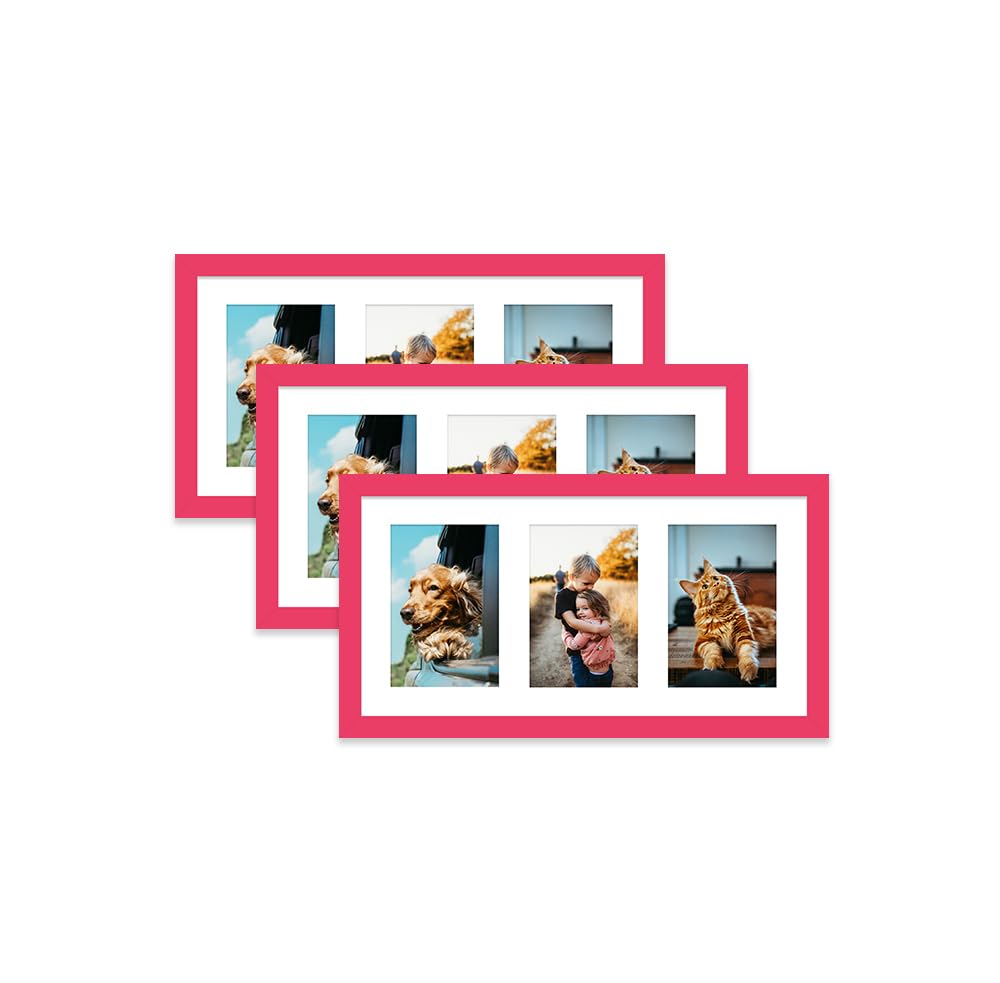 Bright Pink Multi Photo Frame - Holds 3 x 6x4 Pictures, Family Collage Picture Frame for Wall Display, 8x16 Panoramic Frame Size, Set of 3