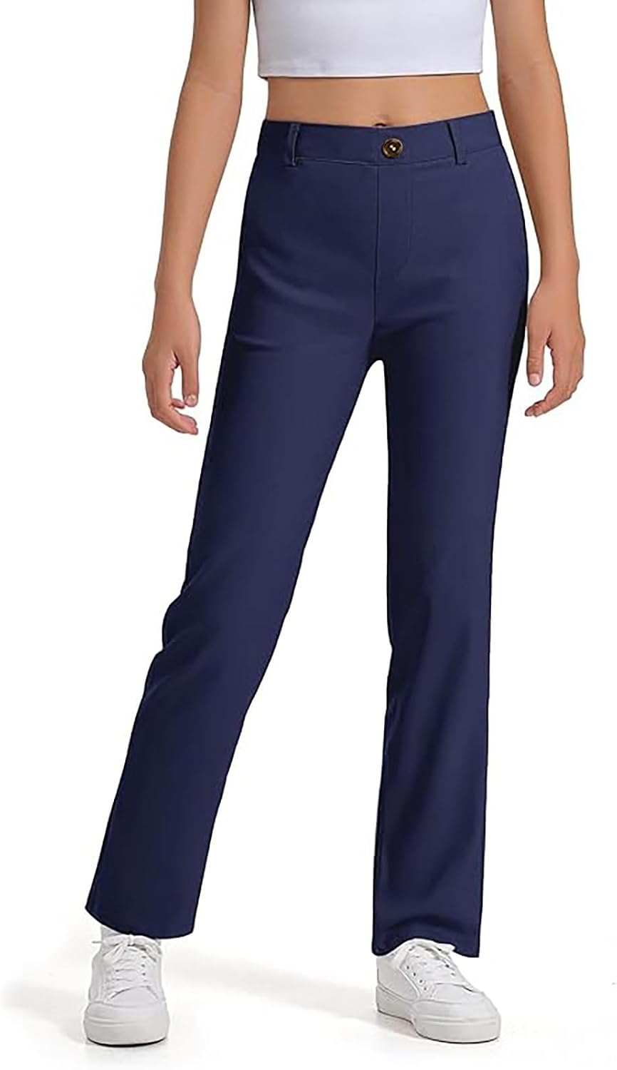 Kids Boys Stretch Chino Pants Girls Straight Leg Pull On School Uniform Pants Dressy Twill Trousers with Pockets