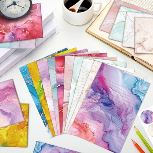 Image of TaoBary 160 Pcs Marble Stationery Paper and Envelopes Set 50 Double Sided Lined Stationery Paper with 50 Matching Envelopes and 60 Round Dot Sticker 5.5 x 8.25'' Letter Writing Kit, 10design