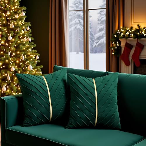 Image of Velvet Throw Pillow Covers 26x26 Pack of 2 Gold Decor Dark Green
