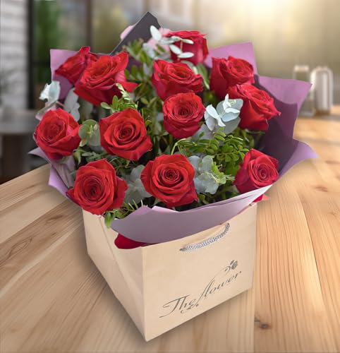 Image of 12 Luxury Red Rose Hand Tied Bouquet - Dozen Red Roses