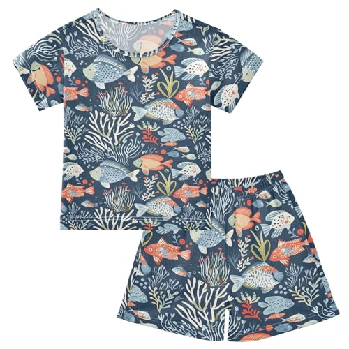 ALAZA Ocean Fish Navy Blue Pajamas Short Sleeve 2 Piece Sleepwear Top and Bottom Pajama Set Unisex