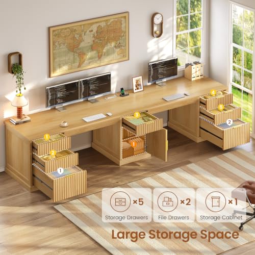 Image of SEDETA Fluted 110.3 inch Two Person Desk with 7 Drawers for Office, Fluted Oak