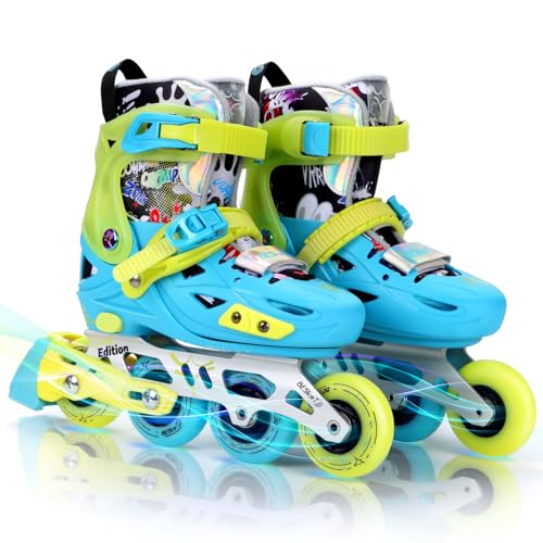 Besketo Inline Skates for Youth, 5 Sizes Adjustable Kids Roller Blades, Indoor Outdoor Skates Sports for Girls and Boys, Blades Roller Skates for Beginner Women Men - Medium - Blue