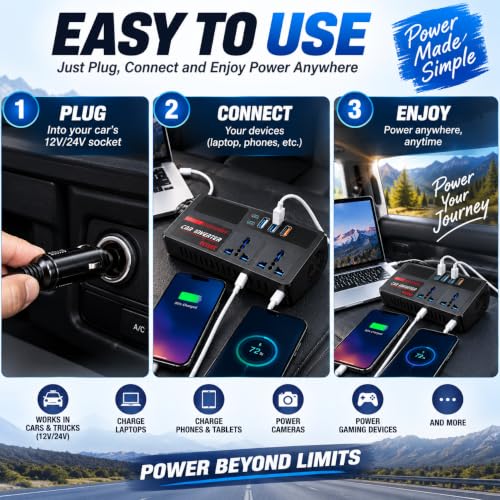 Image of PowerEdge 200W Car Laptop Charger /Car Power Inverter with 2 USB (3A & 2.4A) + 2 Type-C (30WPD & 2.4A), Smart USB Charging Ports, 12V /24V DC to 220V AC, 2X Universal AC Outlet