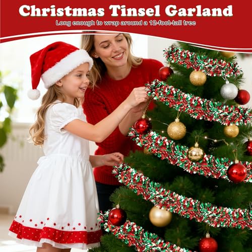 Image of 50FT Christmas Tinsel Garland, Red Green Metallic Twist Shiny Hanging Garland Ornaments for Christmas Tree, Party Supplies Thick Metallic Xmas Streamers