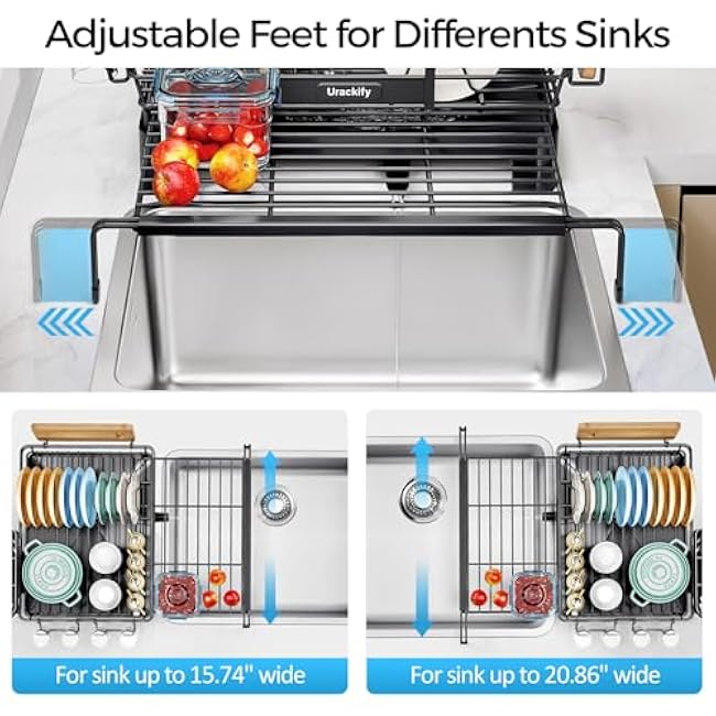 Dish Drying Rack, Extendable Dish Rack for Kitchen Counter, Large Sink Drying Dish Drainer, Stainless Steel Dish Strainer with Drainboard & Cups Holder, Black