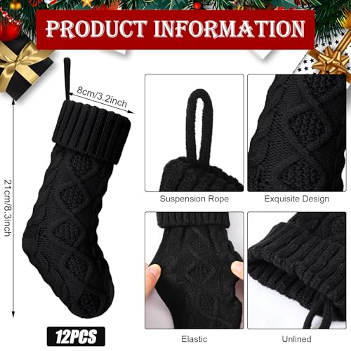 Hungdao 12 Pcs Christmas in July Stockings Mini Knitted Xmas Stockings Bulk 8.3 Inch Rustic Socks Double Sided Fireplace Hanging Vintage Socks for Family Christmas Decorations(Black) by Hungdao - Image 2