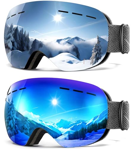 QALLY Anti Fog Ski Goggles for Men Women Snow Goggles with UV Protection Snowboard Goggles, Black Frame Silver Lens/Black Frame Ice Blue Lens