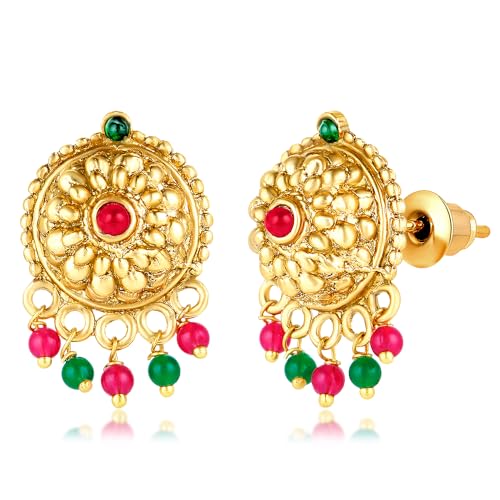 Image of Peora Gold Plated Rani Pink & Green Synthetic Stone Studded Choker Necklace & Dangle Earrings Traditional Jewellery Set for Women & Girls
