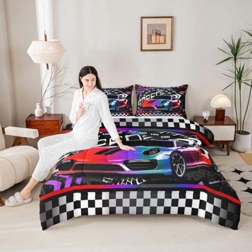 Image of Feelyou Purple Race Car Bedding Set - Queen Size Comforter Set with 2 Pillowcases, Geometric Checkered Pattern, Inner Fill Duvet Set