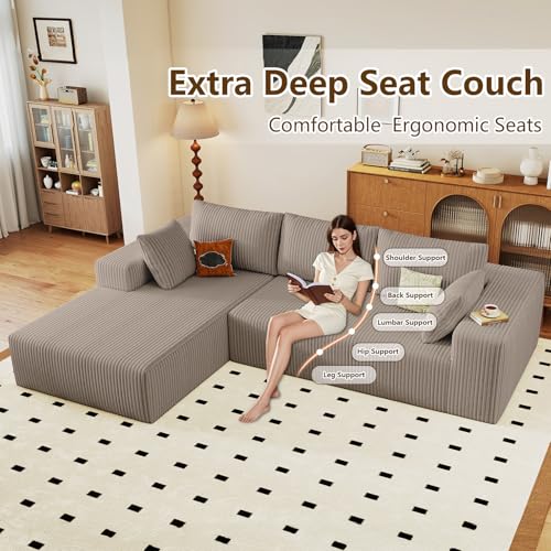 Image of 96 inch Modular Sectional Couch, Boneless L Shaped Cloud Sofa with Chaise Lounge, Corduroy Upholstered Couches Memory Foam Deep Seat, No Assembly Required, Ideal for Living Room(Camel, Left Facing)