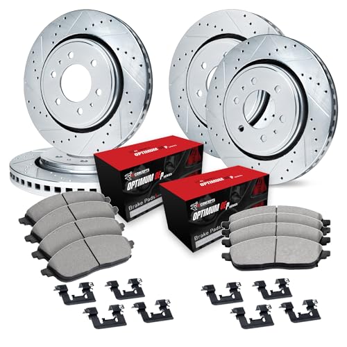 Image of R1 Concepts Front and Rear Brake Kit Fits 2008-2017 Buick Enclave; 2009-2017 Chevrolet Traverse; 2007-2017 GMC Acadia| Optimum Oep Pads, Drilled Slotted Rotors| Hardware| 12.8 inch Front & 13.0 inch Rear