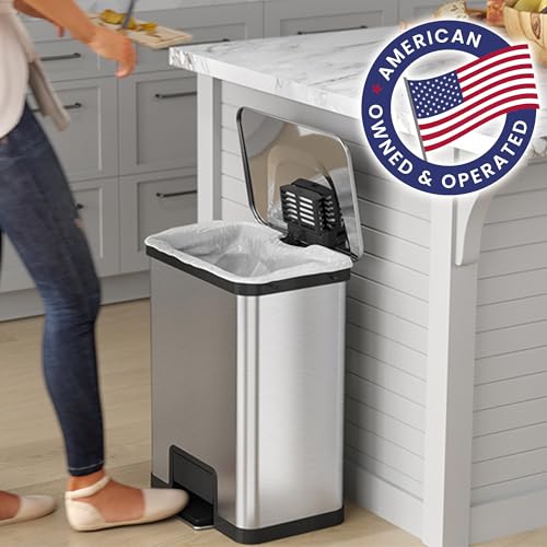 Image of iTouchless Airstep 13 Gallon Step Pedal Kitchen Trash Can with Odor Filter, 50 Liter Commercial Grade Stainless Steel Recycle Bin for Home and Office, Silent Lid Open and Close