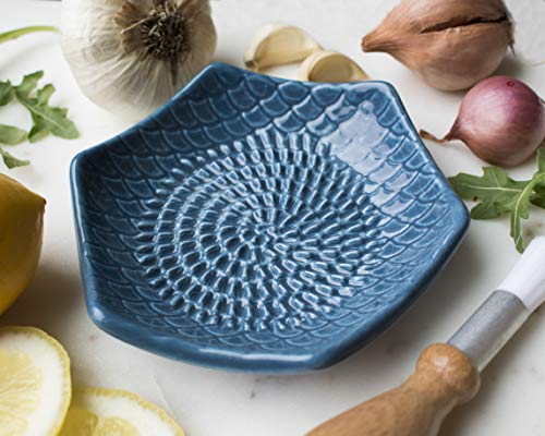The Grate Plate 3 Piece Handmade Ceramic Garlic Grater Set - Grater, Peeler, Brush (Prussian Blue)