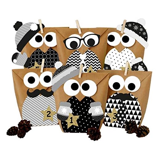 Calendrier de l'Avent DIY - Chouettes de Noël - Chouettes de Noël 2018 - Ensemble Noir et Blanc avec décoration supplémentaire - à Faire soi-même