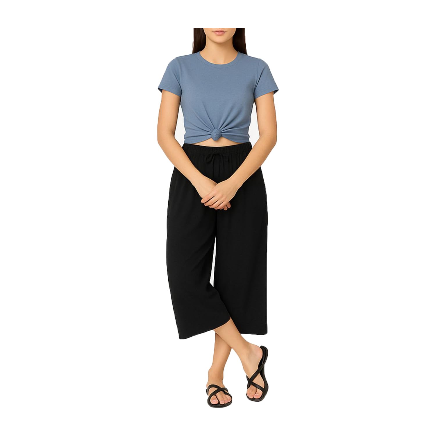 Women's Mid Waisted Capri Pants Casual Wide Leg Yoga Pants Loose Soft Pyjama Pant For Girls Black Single Pack-picture-36